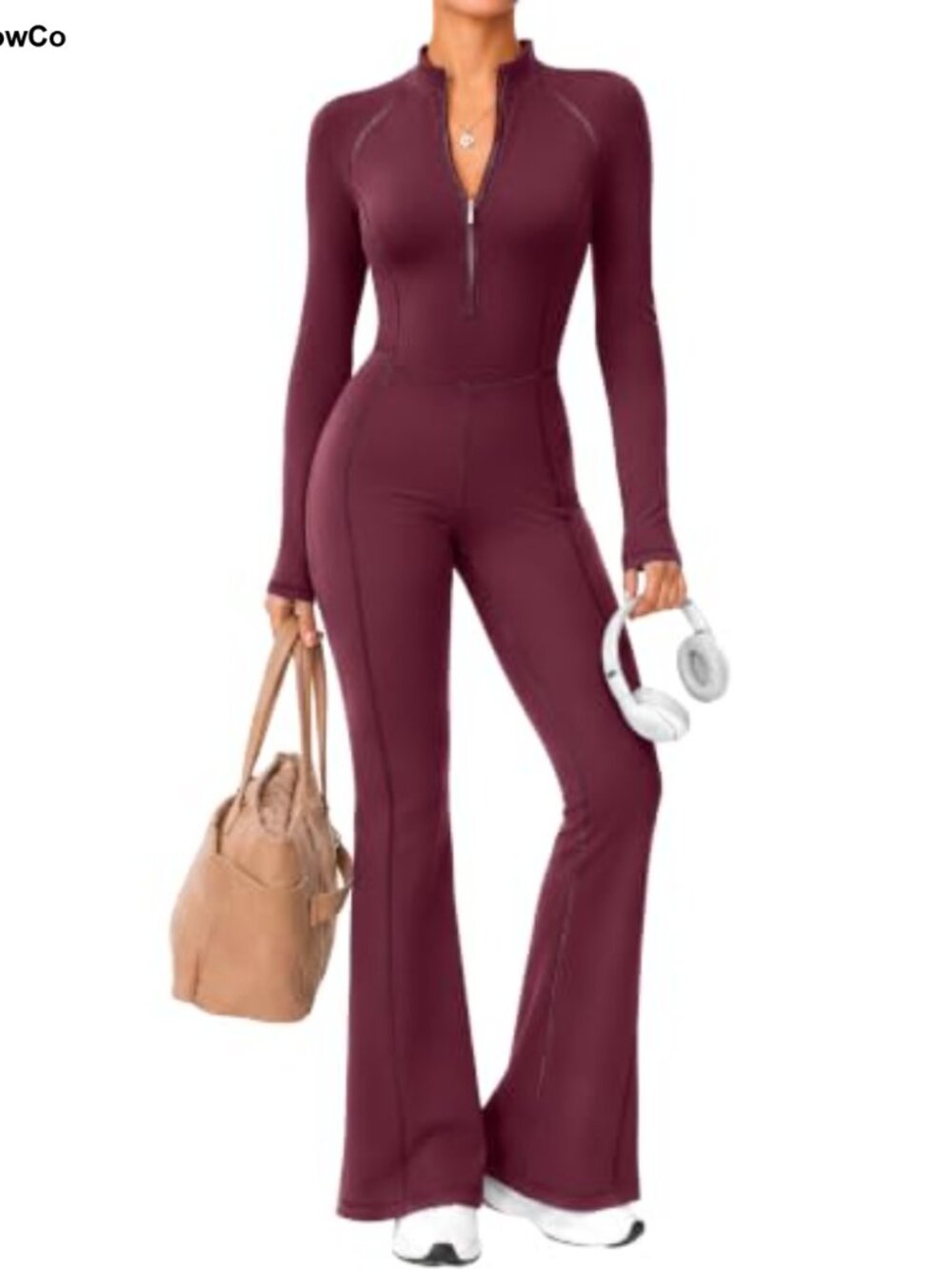 Women's Long Sleeve Half-Zip Flared Workout Jumpsuit